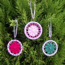 Set of 3 Christmas Decorations, Dorset Buttons, Silver, Red, Green, Pink, Beads 