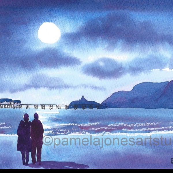 Walking in The Moonlight, Mumbles, Watercolour Print, in 10 x 8 '' Mount