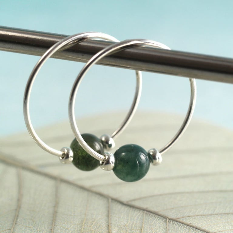 Silver Gem Hoops with Moss Agate Beads