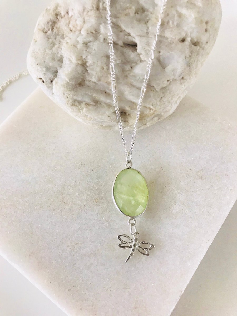 Sterling silver prehnite gemstone and dragonfly necklace 