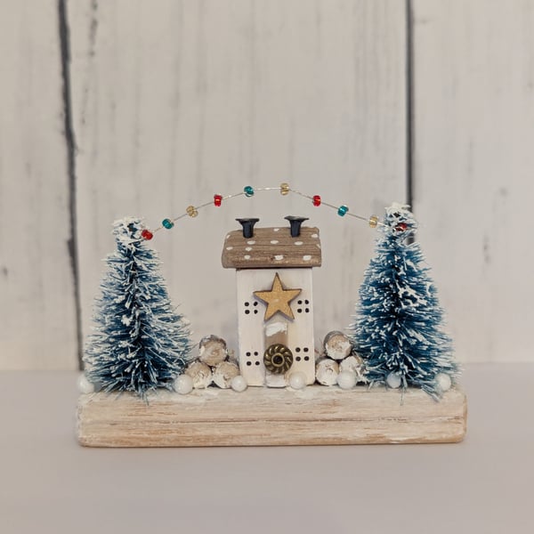 Christmas Fairy Lights Cottage - Tiny Handmade Wooden Christmas Decoration 