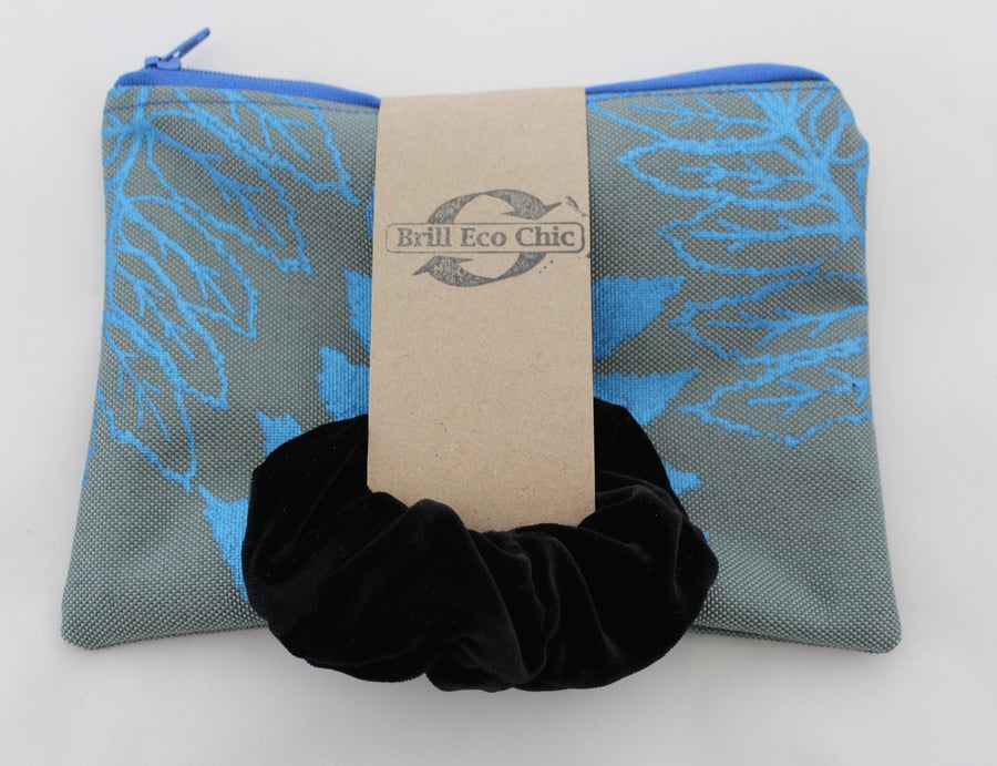 zip up grey pouch blue leaf handprint,make up bag,pencil case,pouch,ECO gift set