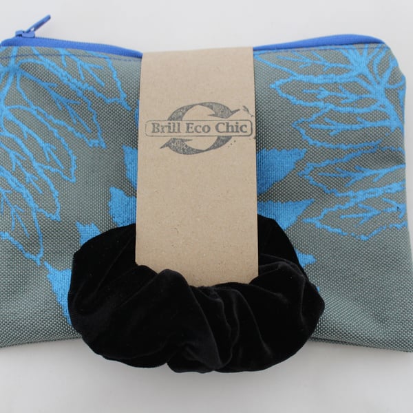 zip up grey pouch blue leaf handprint,make up bag,pencil case,pouch,ECO gift set