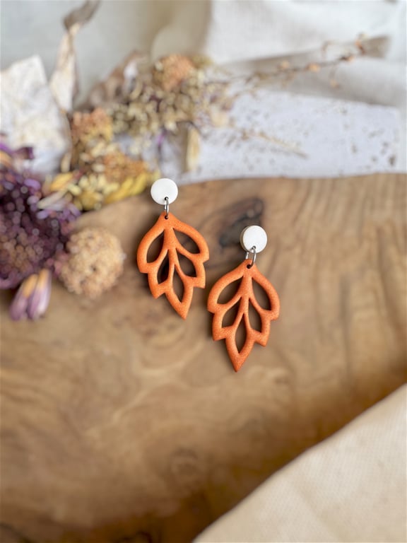 Autumn Minimalist Cutout Metallic Orange Polymer Clay Leaf Earrings