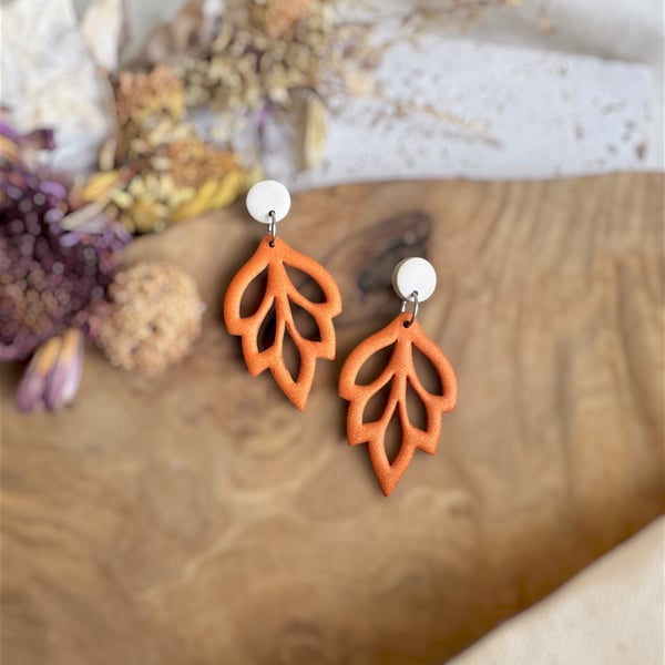 Autumn Minimalist Cutout Metallic Orange Polymer Clay Leaf Earrings