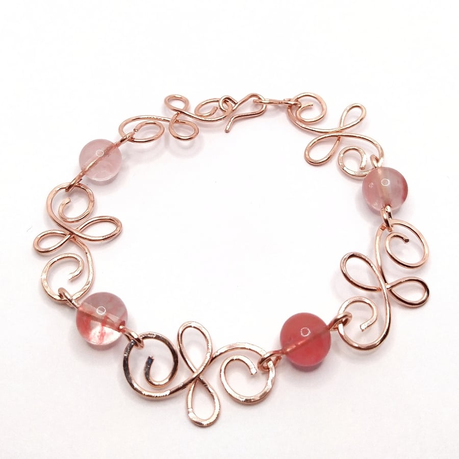 Cherry Quartz and Copper Scrolls Bracelet
