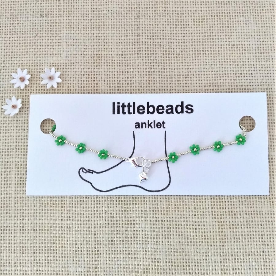 Green Daisy and Silver Seed Beaded Anklet