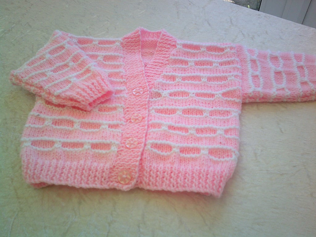 20 Inch Pink and White V Neck Cardigan