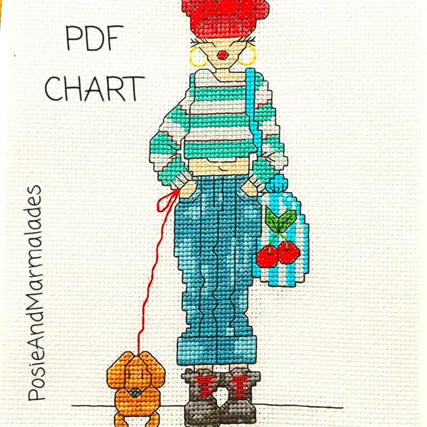 Lady walking a Dachshund Dog Cross Stitch Pattern (Digital Download)