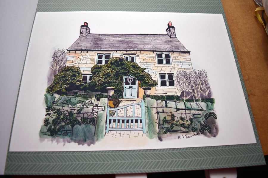 Pen and Ink Hillside Cottage Original Artwork, Architectural Art, Watercolour