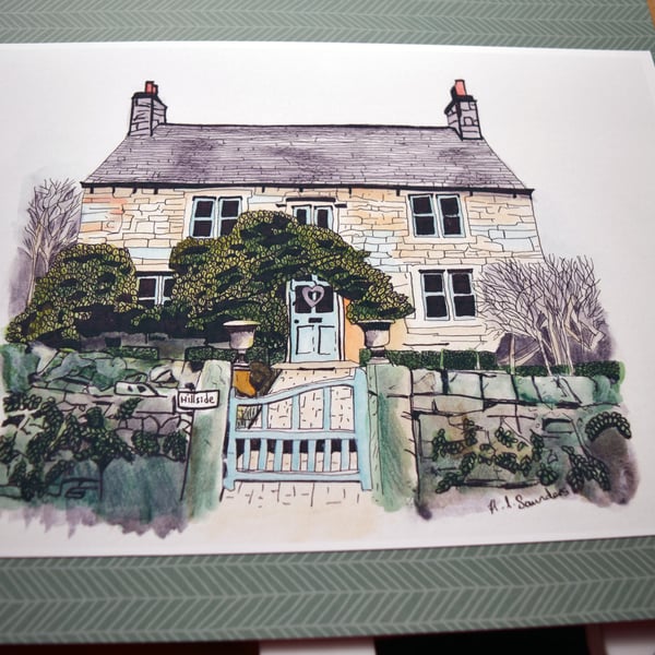 Pen and Ink Hillside Cottage Original Artwork, Architectural Art, Watercolour