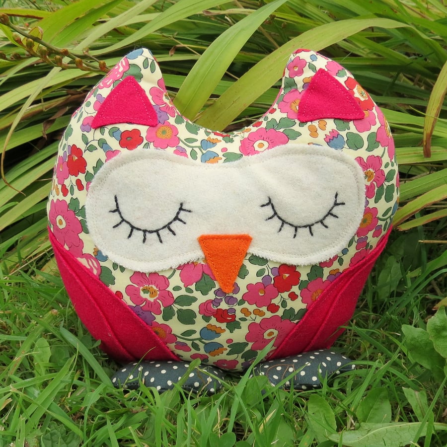Flora, a snoozy owl doorstop made from Liberty Lawn.
