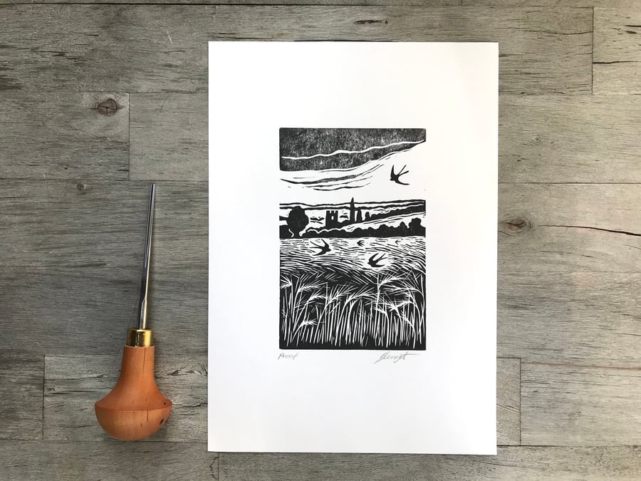 Artists Proofs 'After the Rain': Original hand printed lino cut by Beth Knight