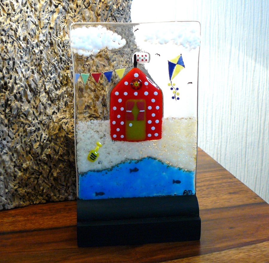 UNIQUE: Handmade Fused Glass 'BEACH HUT' Picture.