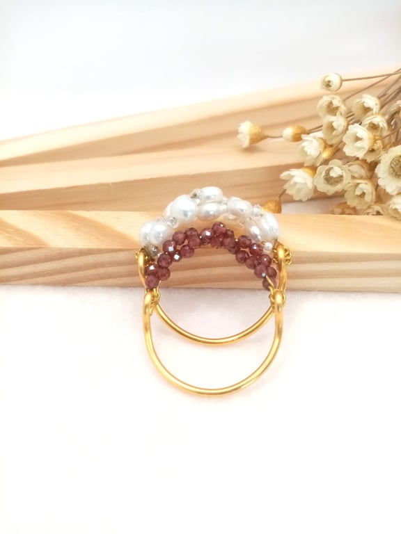 Red Garnet & Fresh Water Pearl Cluster Ring Set, Special Occasion Wear 