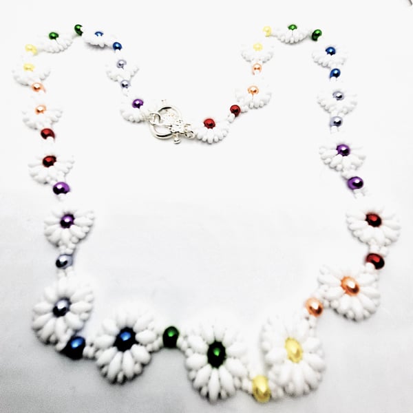 Rainbow necklace from my daisy collection with multi coloured faux pearls