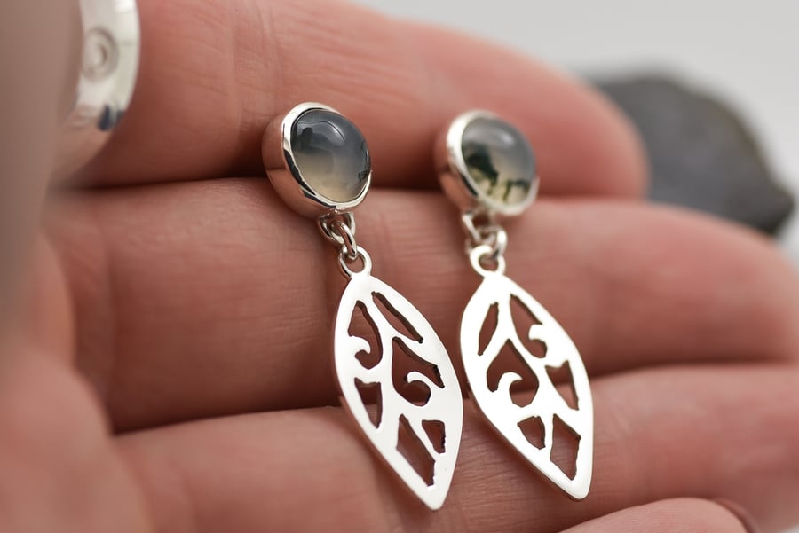 Moss Agate & Fine Silver Leaf Earrings