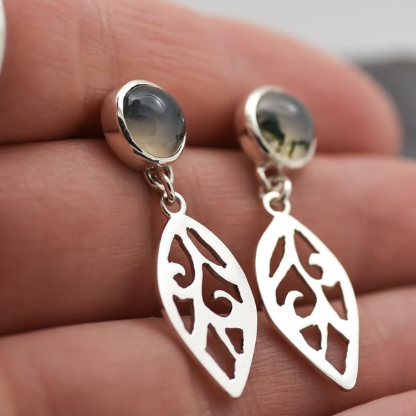Moss Agate & Fine Silver Leaf Earrings