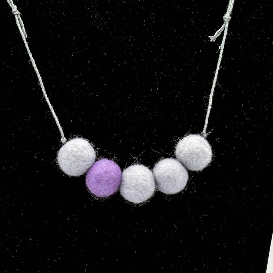 SOLD - Felted bead necklace in grey and lavender purple wool