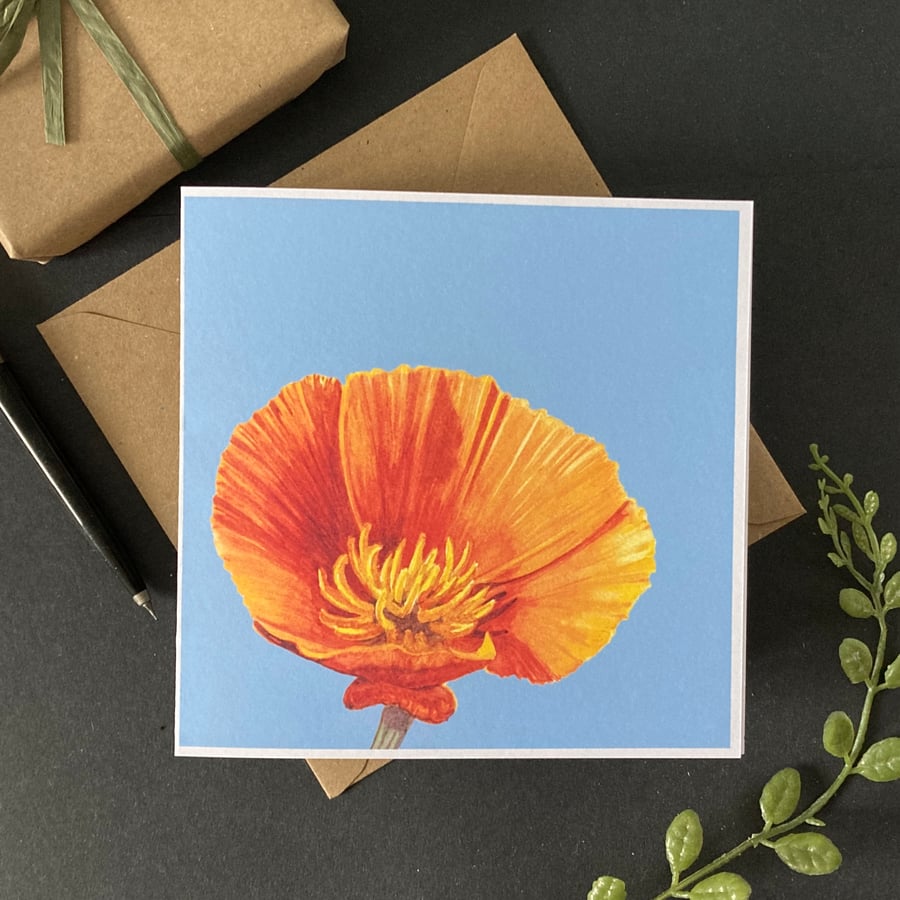 California Poppy card. Handmade blank floral card from my painting. Modern art.