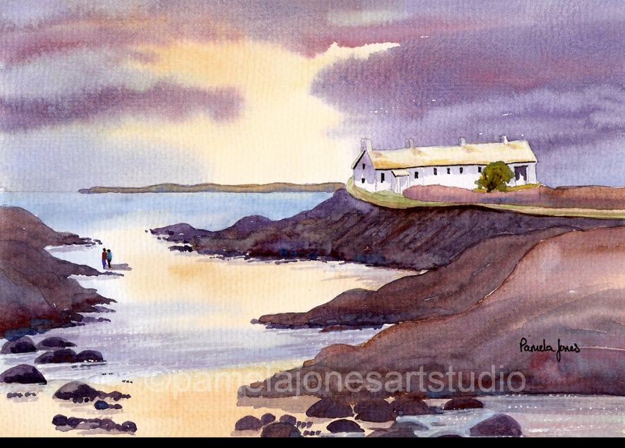 Cottages, St Brides Bay, Pembrokeshire, Watercolour Print in 14 x 11 '' Mount.