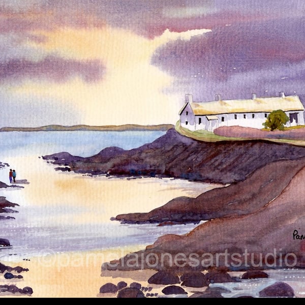 Cottages, St Brides Bay, Pembrokeshire, Watercolour Print in 14 x 11 '' Mount.