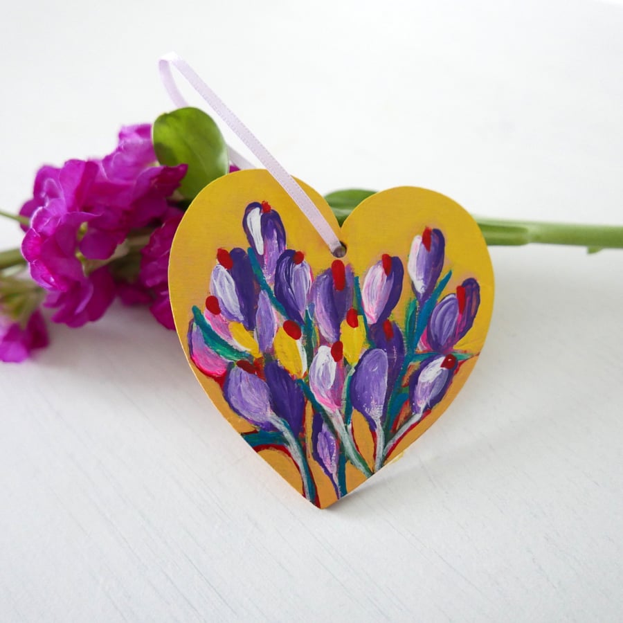Crocus Spring Decoration, Yellow Floral Hanging Heart, Easter Decor, Valentine 