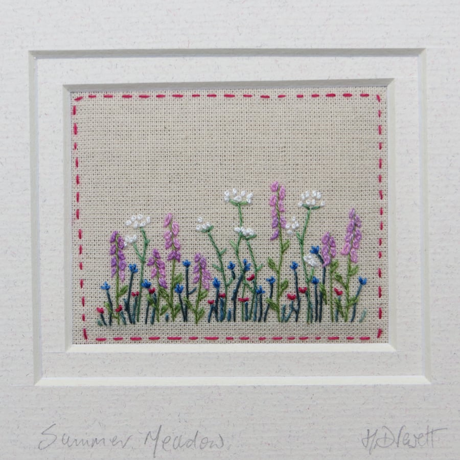 SOLD 'Summer Meadow' hand-stitched framed miniature, detailed, 