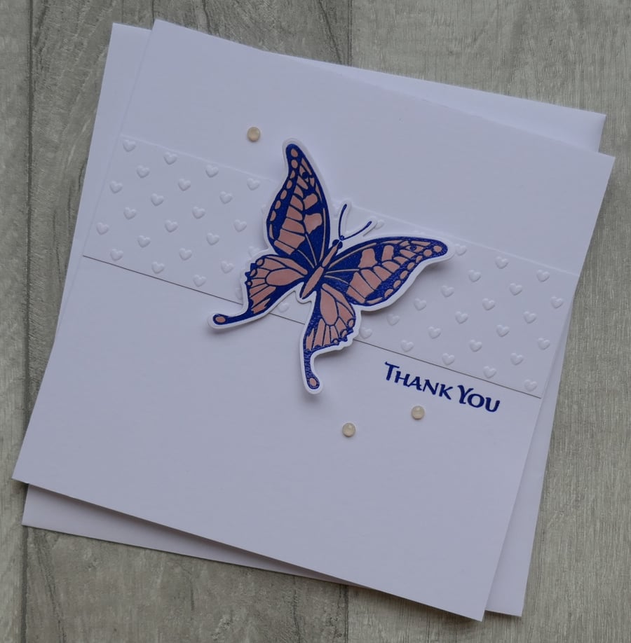 Dark Blue and Coral Butterfly with Hearts and Gems - Thank You Card
