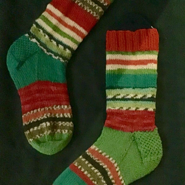 Hand Knit Odd Socks Christmas Colours 