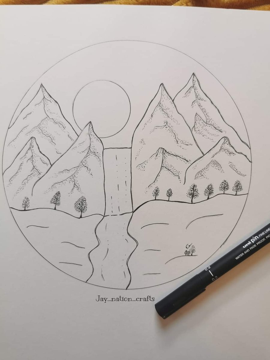 Drawing of idyllic mountain range 