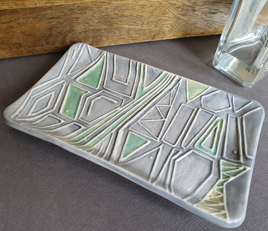 Reduced : Handmade Ceramic Trinket Tray - Geo Design with feet