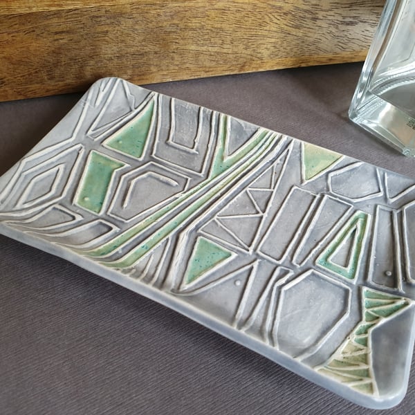 Reduced : Handmade Ceramic Trinket Tray - Geo Design with feet