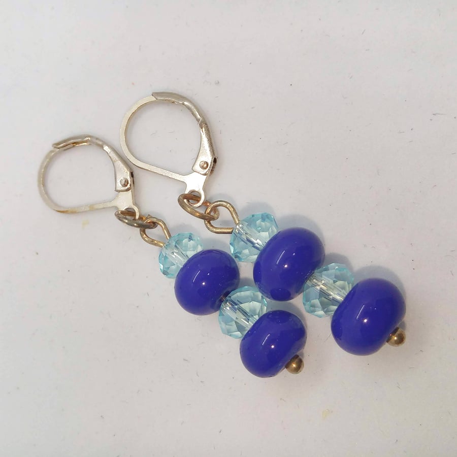Ladies Cobalt Blue & Pale Blue Crystal Earrings for Pierced Ears, Blue Earrings