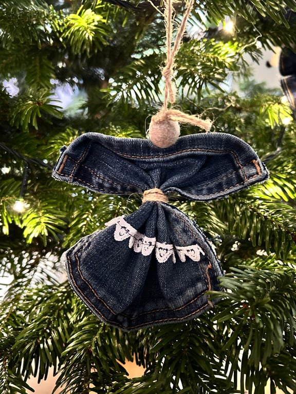Handmade Christmas angel decoration from pre-loved jeans