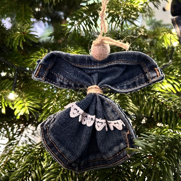 Handmade Christmas angel decoration from pre-loved jeans