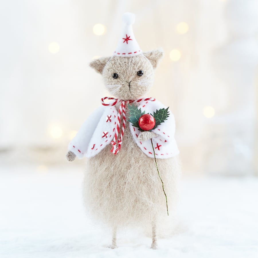 Christmas Cat ornament, knitted cat doll