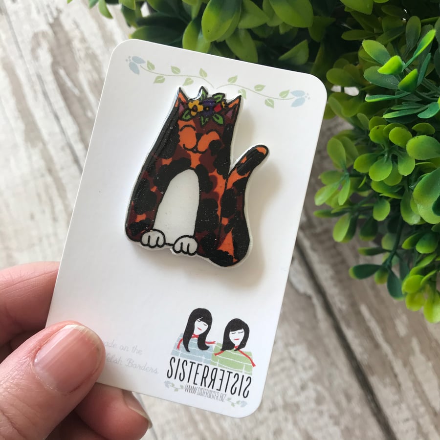 Frida's Cat - Tortoiseshell Cat - hand made Pin, Badge, Brooch