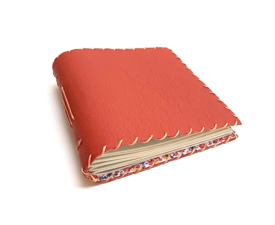 Small Orange Handmade Leather notebook Floral Fabric Lining recycled Paper