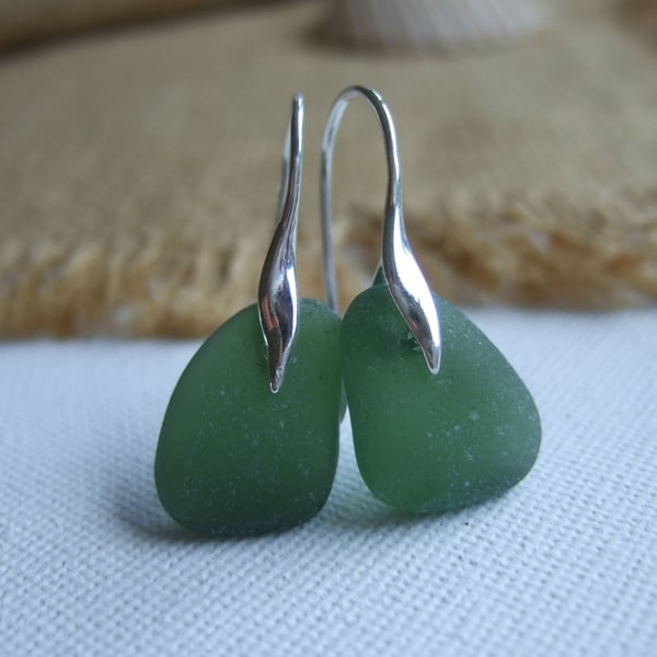 Sterling silver sea glass earrings, Scottish sea glass green, wave shaped