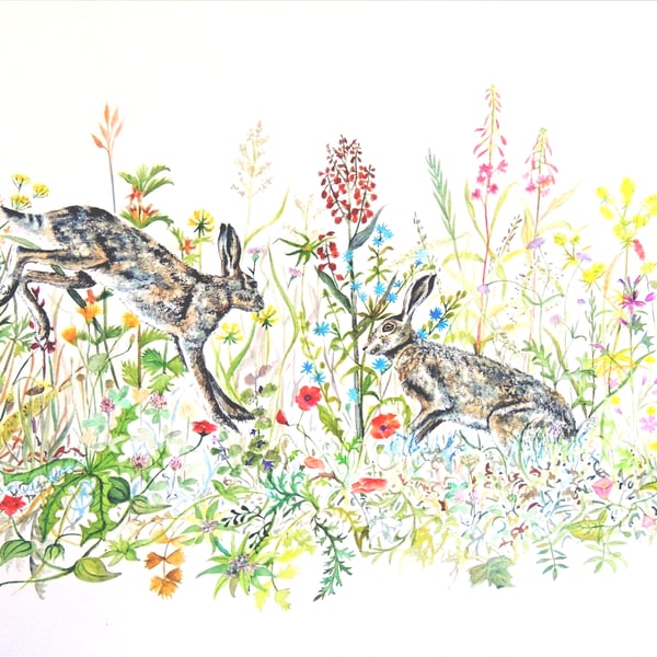 Hare and Wild Flowers Print from my Original Watercolour Painting 