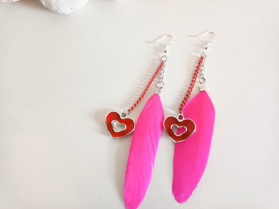 Pink Feather and Red Heart Dangle Earrings