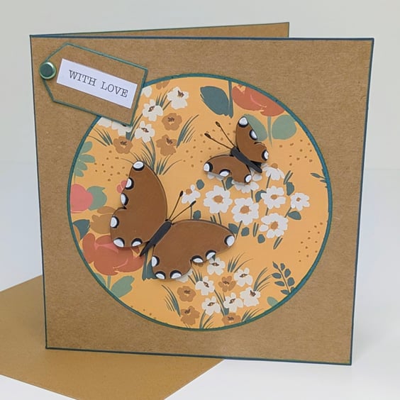 Handmade floral card with wooden butterfly embellishments, blank for own message