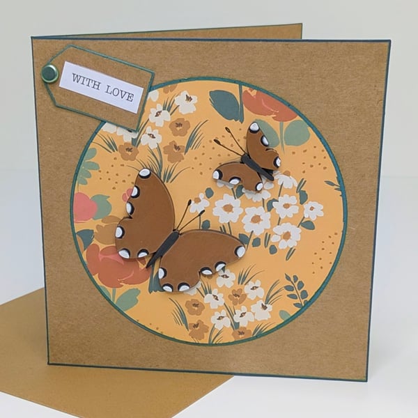 Handmade floral card with wooden butterfly embellishments, blank for own message