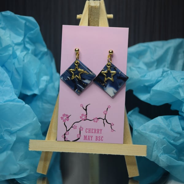 Blue and gold marbled diamond shaped dangle earrings 