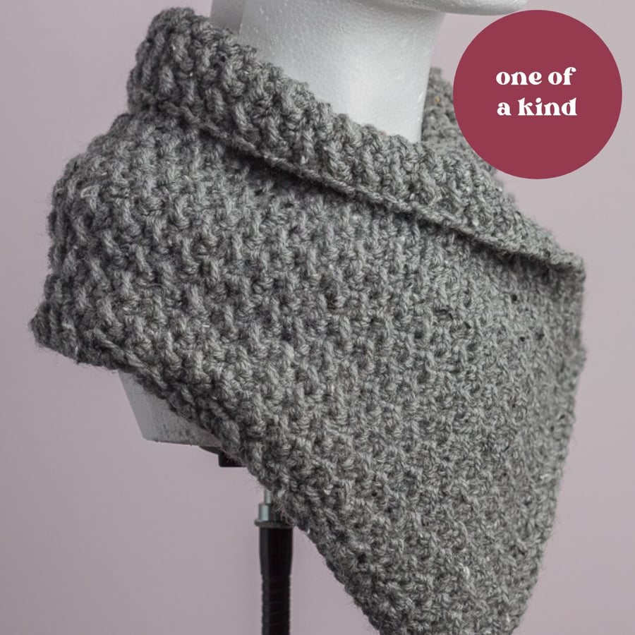 Textured grey cowl scarf unisex warm cosy handmade crochet 