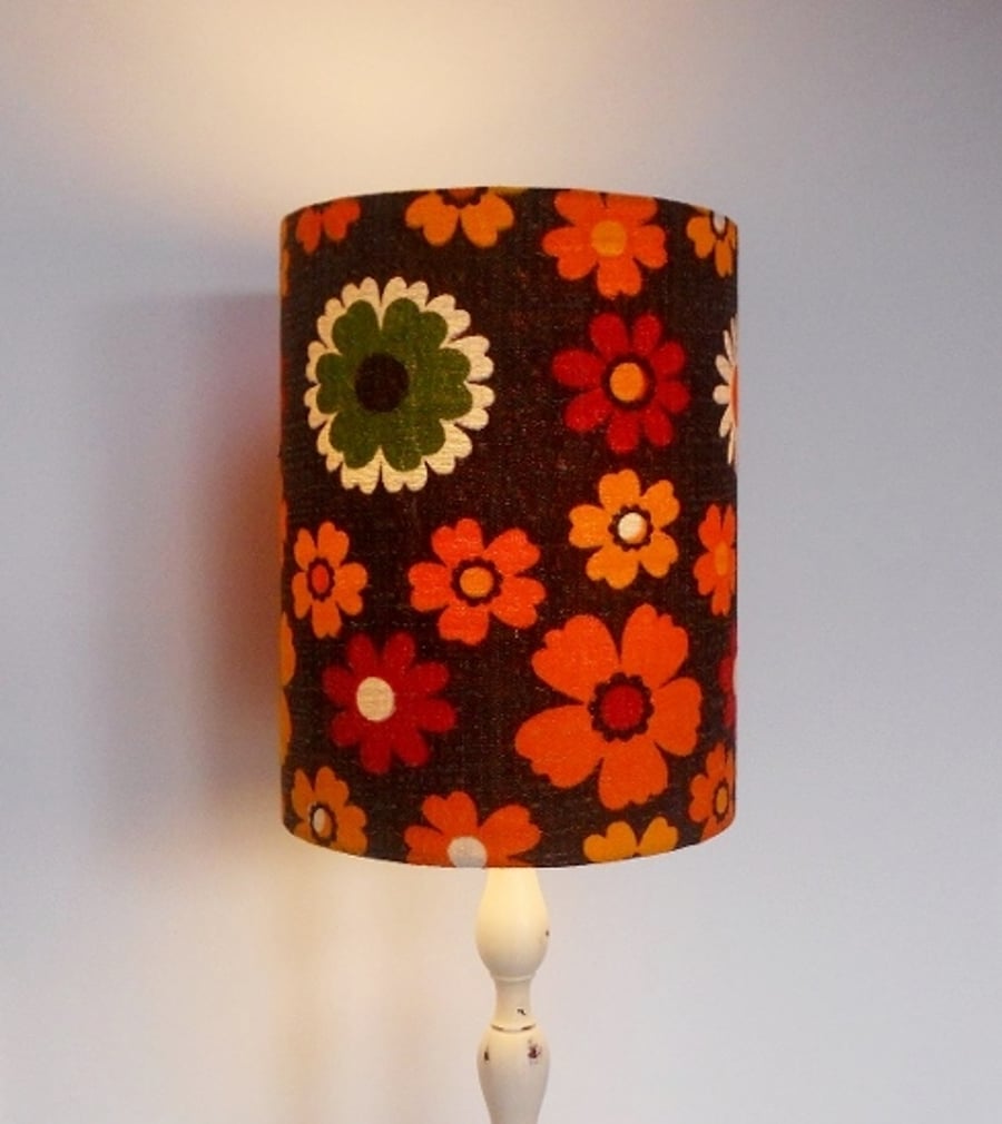 Retro Flower Power 60s Brown and Orange Barkcloth Vintage Fabric Lampshade