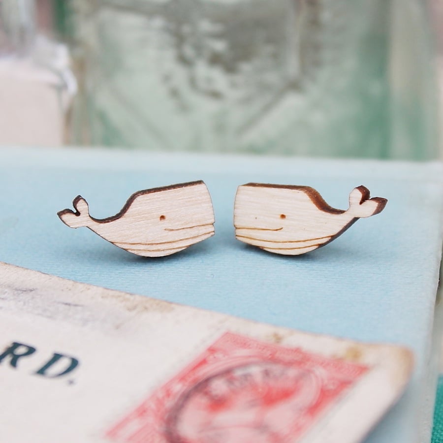 Wooden Whale Stud Earrings