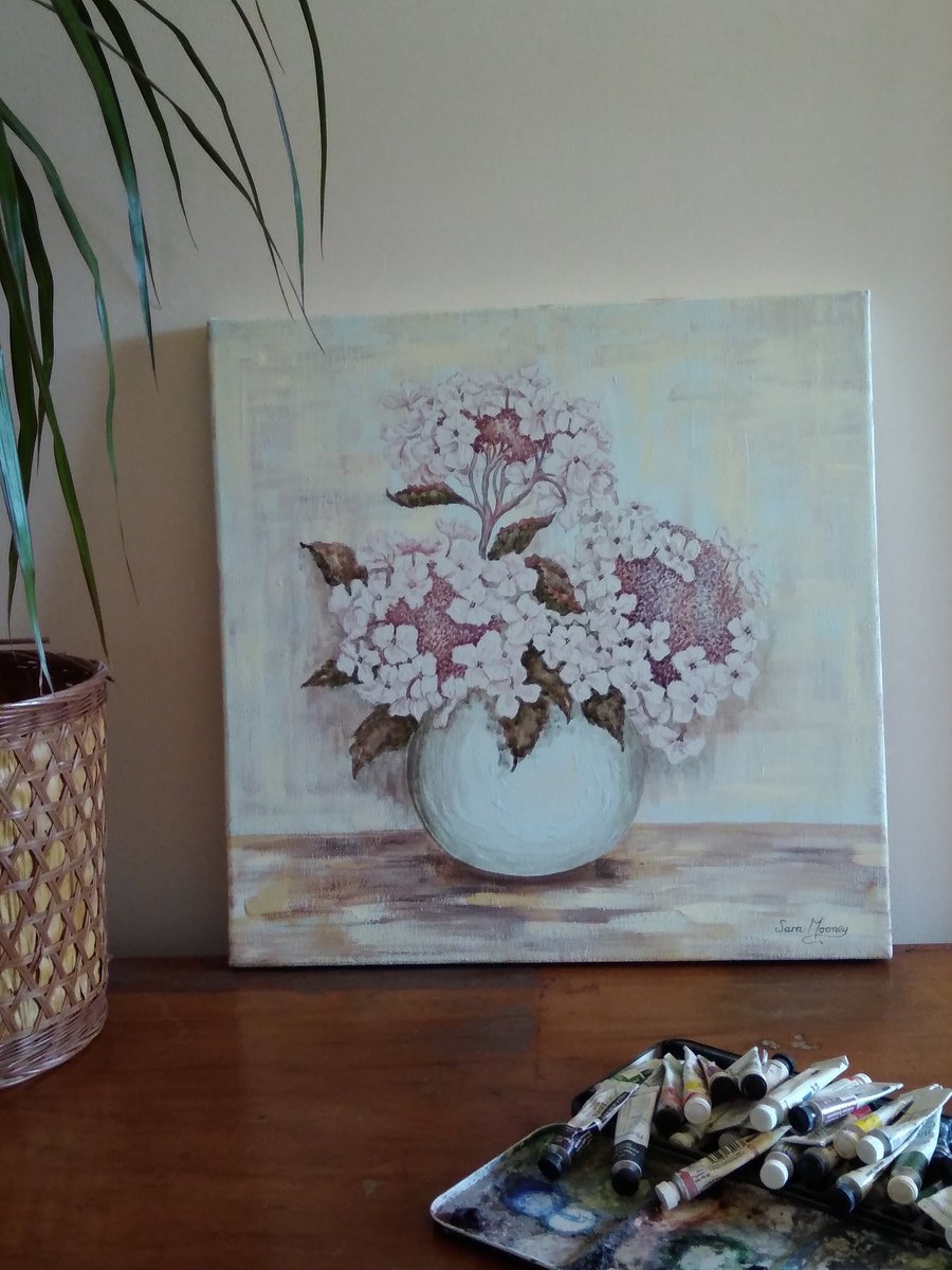 pink and white hydrangea waterclour painting in blue pottery vase