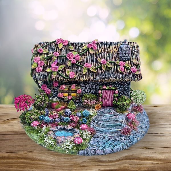 Handmade Fairy House Ornament - Rose Cottage - Cottagecore Gift
